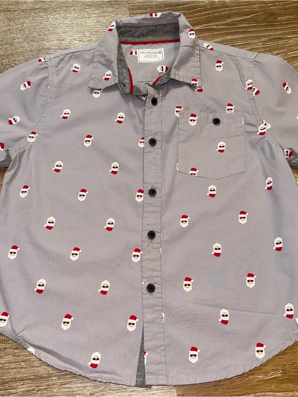 Free Planet Light Gray Button-Down Shirt with Red & White Santa Faces
